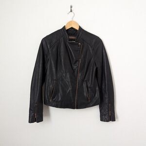 Black Rivet black genuine leather biker moto asymmetrical zipper jacket
